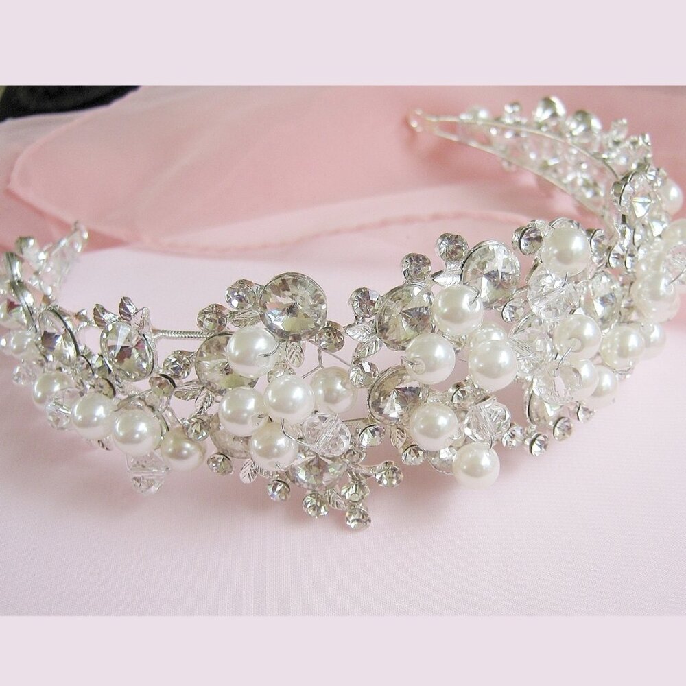 Rhinestone And Pearl Wedding or Quinceaneras Tiara Headband